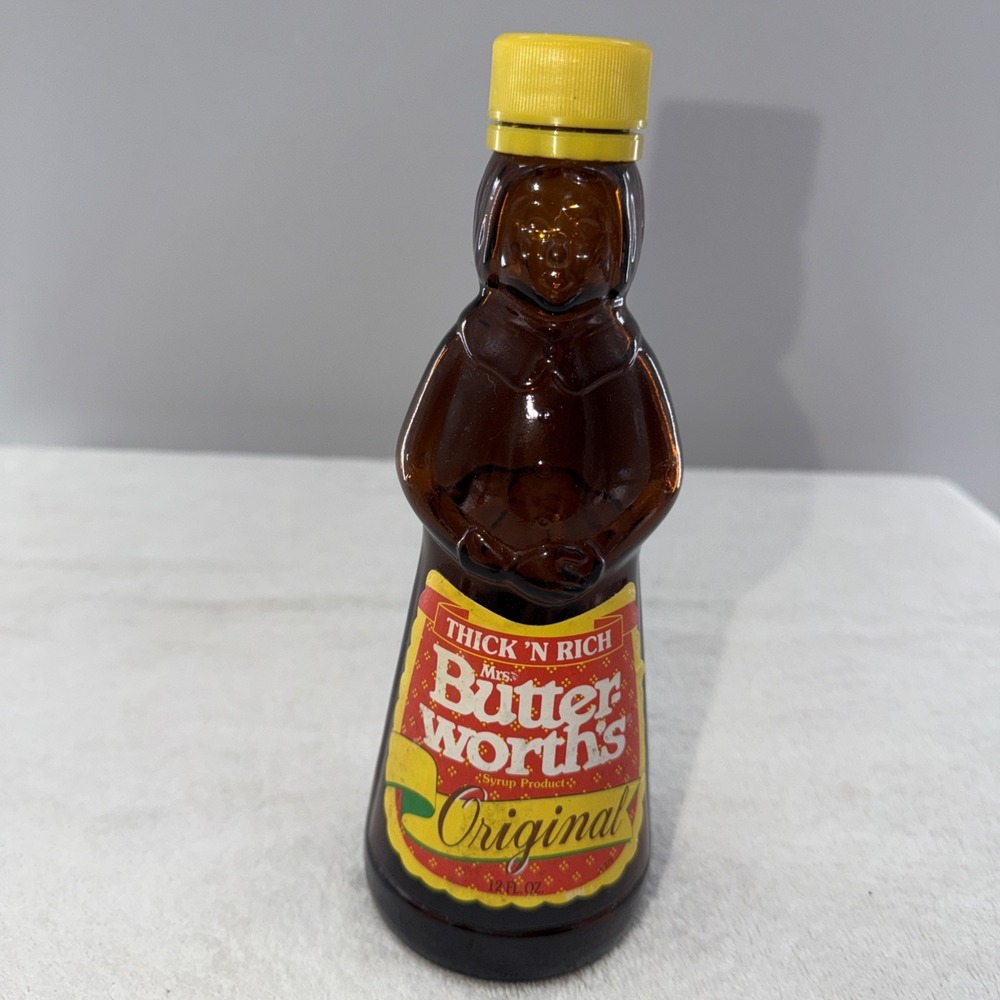 Mrs Butterworth's Vintage Syrup Bottle Amber Glass With Label 12oz 8.5" Tall